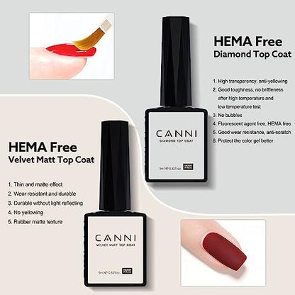 CANNI 6-Piece Hema-Free Nail Dehydrator Primer, Base Coat, Diamond Gel Top Coat & Matte Top Coat Gel Nail Polish Set – Soak Off LED Starter Kit for Manicure Salon Avelisse