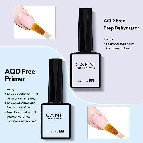 CANNI 6-Piece Hema-Free Nail Dehydrator Primer, Base Coat, Diamond Gel Top Coat & Matte Top Coat Gel Nail Polish Set – Soak Off LED Starter Kit for Manicure Salon Avelisse