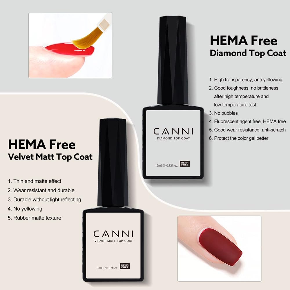 CANNI 6-Piece Hema-Free Nail Dehydrator Primer, Base Coat, Diamond Gel Top Coat & Matte Top Coat Gel Nail Polish Set – Soak Off LED Starter Kit for Manicure Salon Avelisse