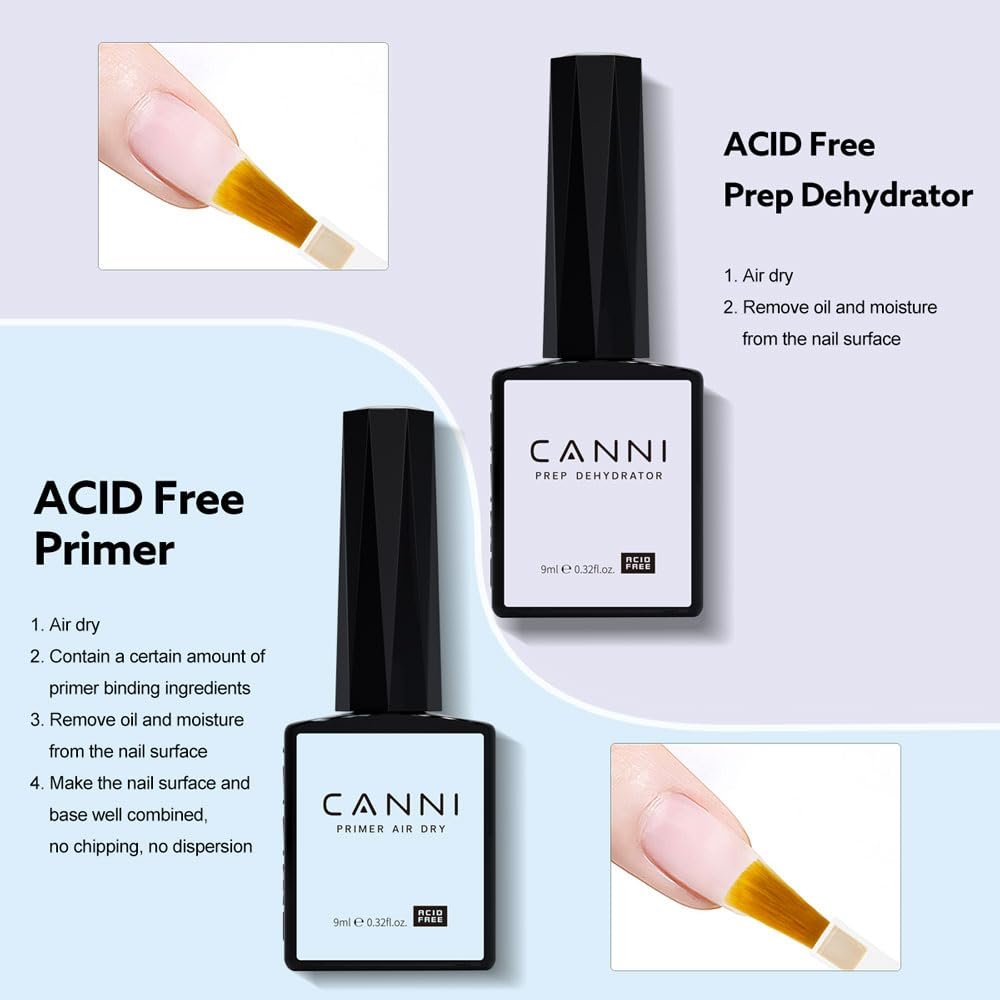 CANNI 6-Piece Hema-Free Nail Dehydrator Primer, Base Coat, Diamond Gel Top Coat & Matte Top Coat Gel Nail Polish Set – Soak Off LED Starter Kit for Manicure Salon Avelisse