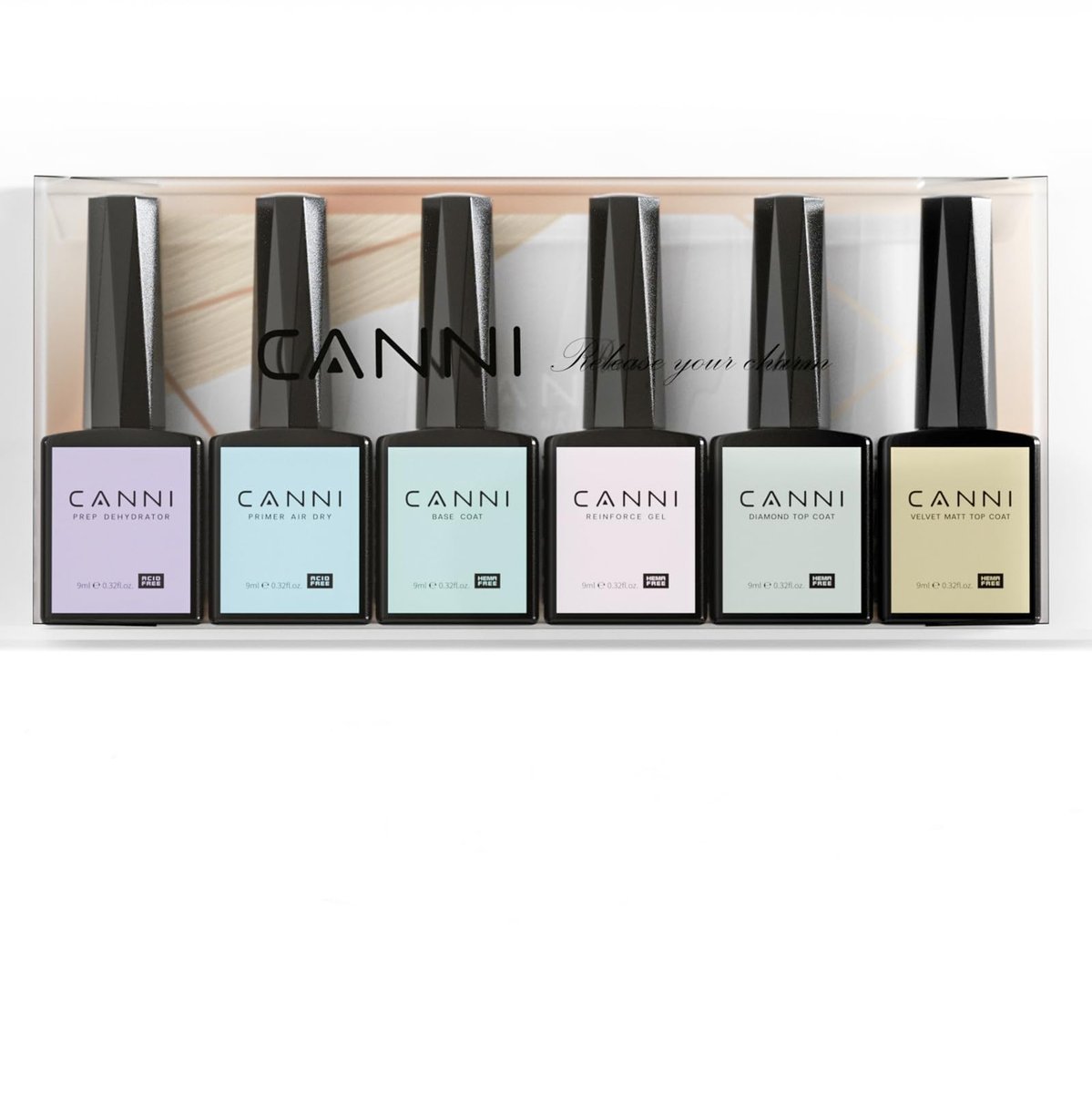 CANNI 6-Piece Hema-Free Nail Dehydrator Primer, Base Coat, Diamond Gel Top Coat & Matte Top Coat Gel Nail Polish Set – Soak Off LED Starter Kit for Manicure Salon Avelisse