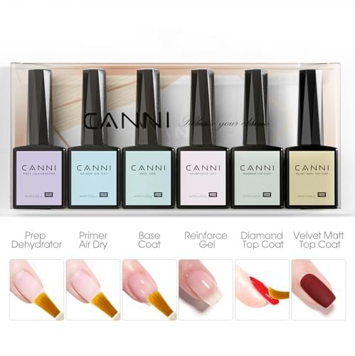 CANNI 6-Piece Hema-Free Nail Dehydrator Primer, Base Coat, Diamond Gel Top Coat & Matte Top Coat Gel Nail Polish Set – Soak Off LED Starter Kit for Manicure Salon Avelisse