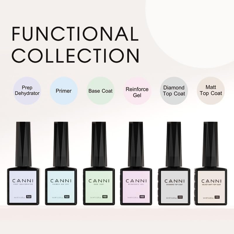CANNI 6-Piece Hema-Free Nail Dehydrator Primer, Base Coat, Diamond Gel Top Coat & Matte Top Coat Gel Nail Polish Set – Soak Off LED Starter Kit for Manicure Salon Avelisse