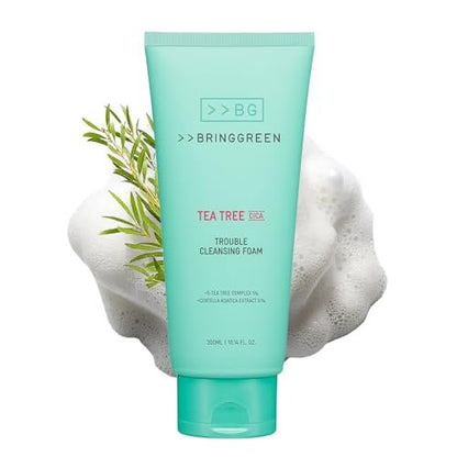 BRING GREEN Tea Tree Cica Trouble Cleansing Foam - Mild Cleanser for Exfoliation, Blackheads, Whiteheads, Sensitive Skin (10.1 Fl Oz, 300ml) Avelisse