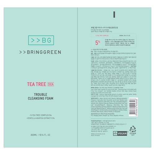 BRING GREEN Tea Tree Cica Trouble Cleansing Foam - Mild Cleanser for Exfoliation, Blackheads, Whiteheads, Sensitive Skin (10.1 Fl Oz, 300ml) Avelisse