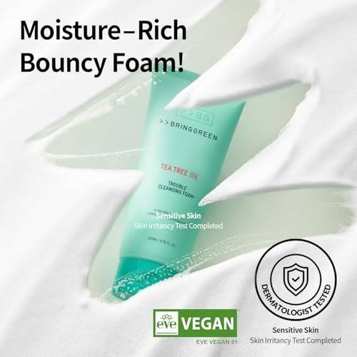 BRING GREEN Tea Tree Cica Trouble Cleansing Foam - Mild Cleanser for Exfoliation, Blackheads, Whiteheads, Sensitive Skin (10.1 Fl Oz, 300ml) Avelisse