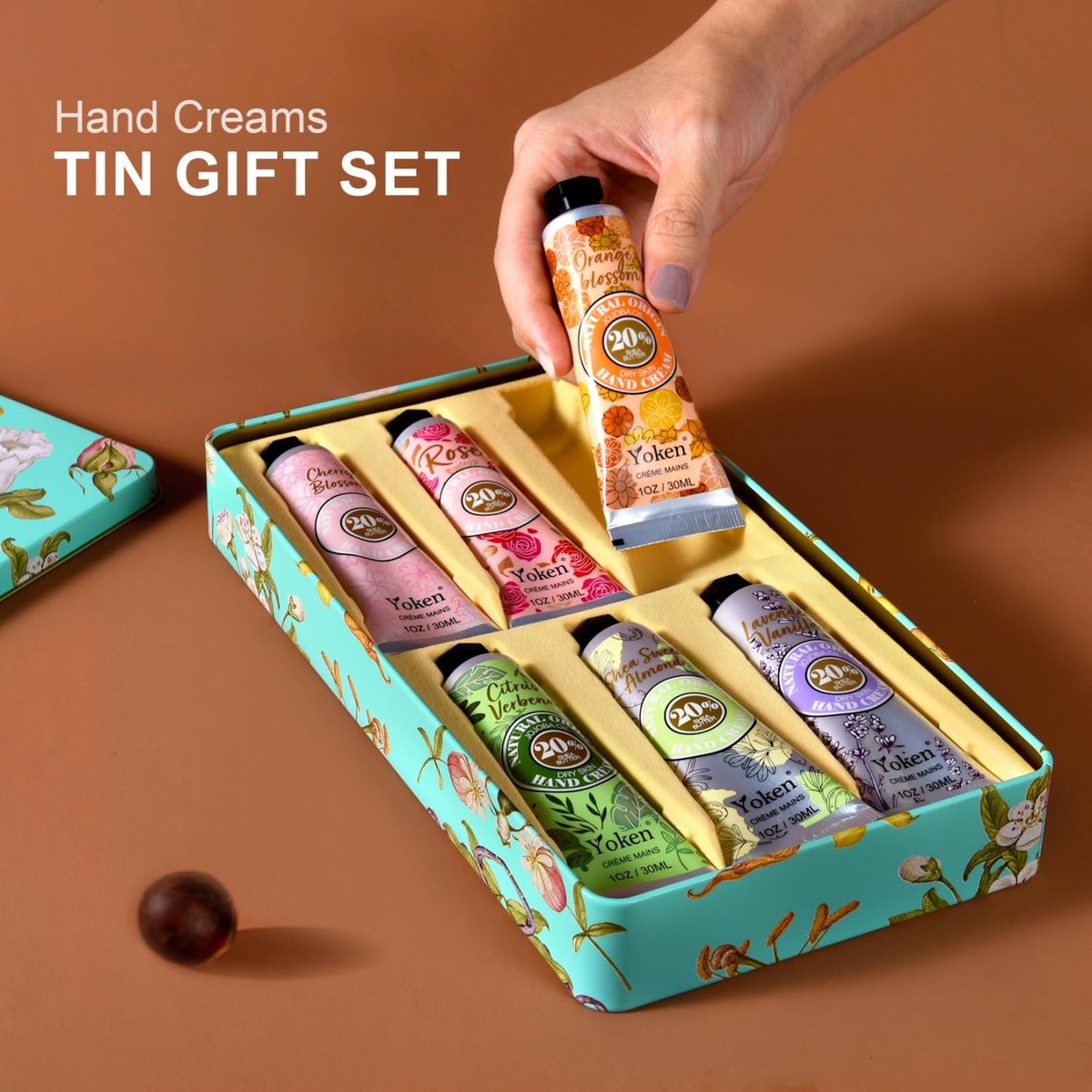 Yoken 20% Shea Butter Hand Cream Gift Set – 6-Piece Tin Set with Almond, Citrus Verbena & Floral Scents, 6 x 1 OZ - görsel 9