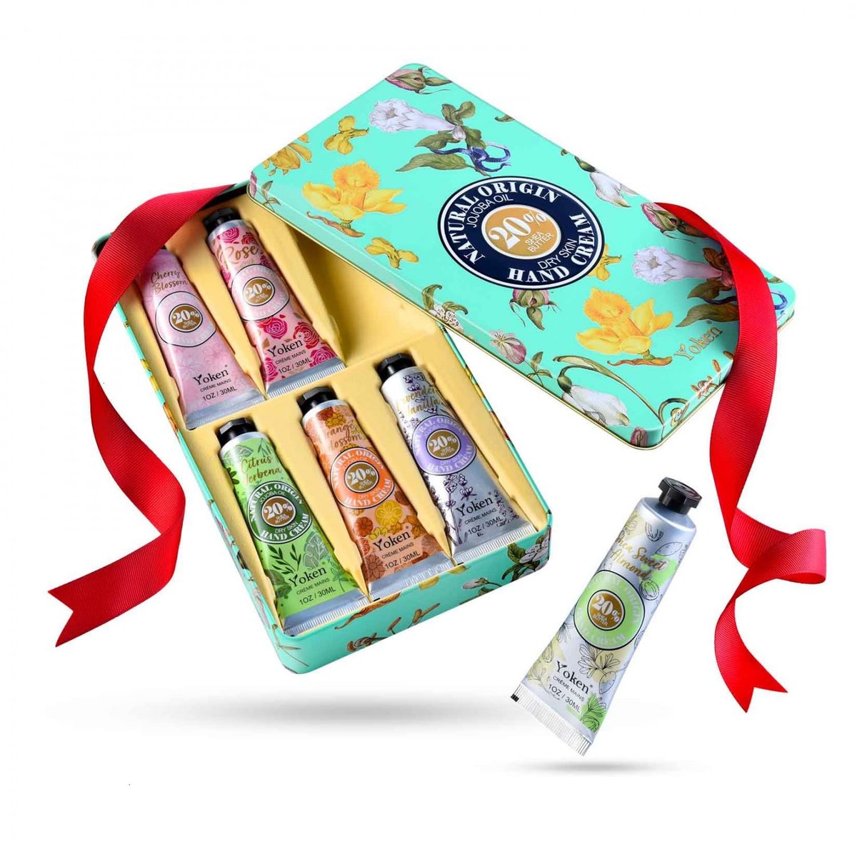 Yoken 20% Shea Butter Hand Cream Gift Set – 6-Piece Tin Set with Almond, Citrus Verbena & Floral Scents, 6 x 1 OZ - görsel 1