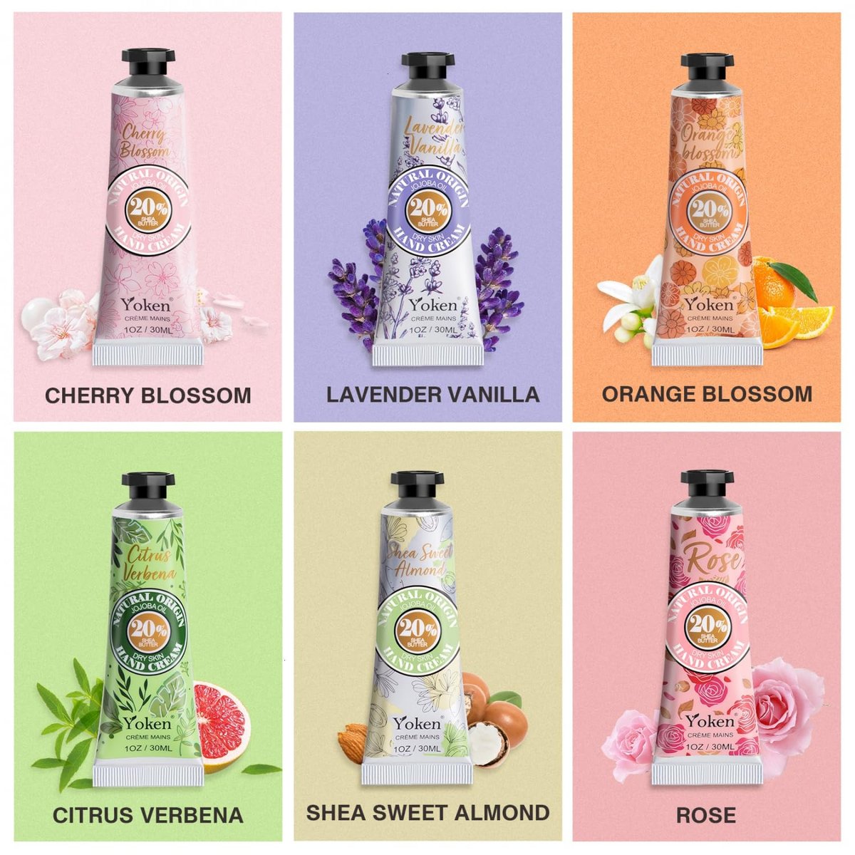 Yoken 20% Shea Butter Hand Cream Gift Set – 6-Piece Tin Set with Almond, Citrus Verbena & Floral Scents, 6 x 1 OZ - görsel 7