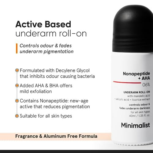 Minimalist Natural Aluminium Free Deodorant - Odour Control & Underarm Brightening with Nonapeptide + AHA BHA 06% - Exfoliating Roll On for Women & Men - 40 ml Avelisse