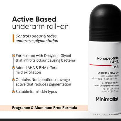 Minimalist Natural Aluminium Free Deodorant - Odour Control & Underarm Brightening with Nonapeptide + AHA BHA 06% - Exfoliating Roll On for Women & Men - 40 ml Avelisse