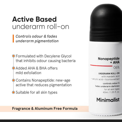 Minimalist Natural Aluminium Free Deodorant - Odour Control & Underarm Brightening with Nonapeptide + AHA BHA 06% - Exfoliating Roll On for Women & Men - 40 ml Avelisse