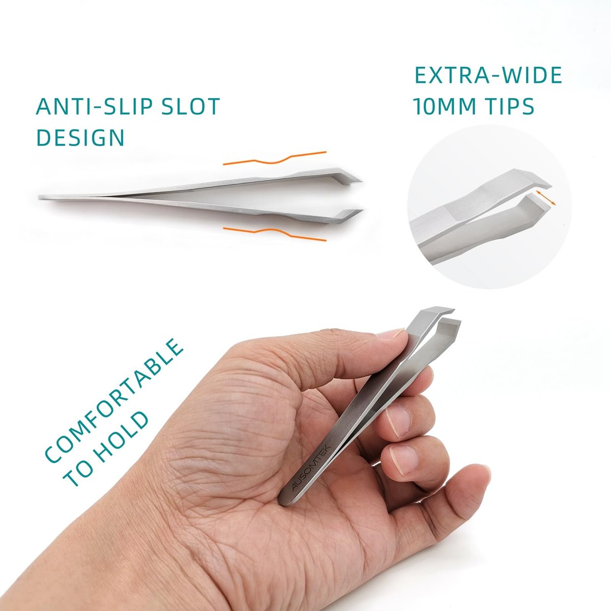 AUSOMTEK Precision Stainless Steel Tweezers for Beard & Hair Plucking – Fine 10mm Tip with Anti-Slip Slot Design, Cyan Case Avelisse
