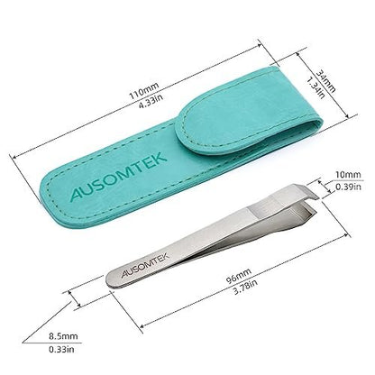 AUSOMTEK Precision Stainless Steel Beard Tweezers with 5mm Slant Tip - Cyan PU Case - Perfect for White Hair Plucking, Fine Hair Removal & Eyebrow Shaping Avelisse
