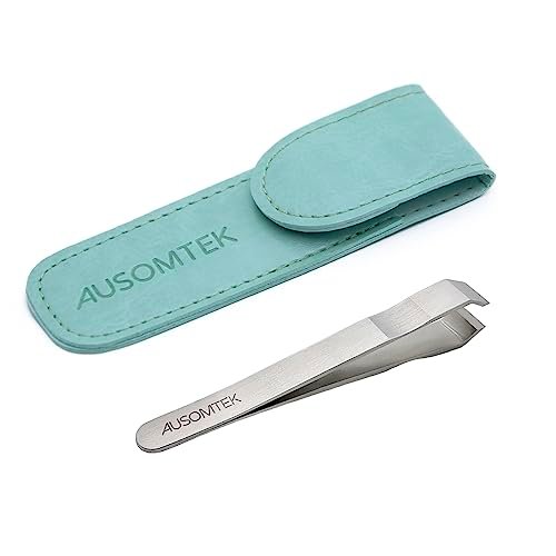 AUSOMTEK Precision Stainless Steel Tweezers for Beard & Hair Plucking – Fine 10mm Tip with Anti-Slip Slot Design, Cyan Case Avelisse