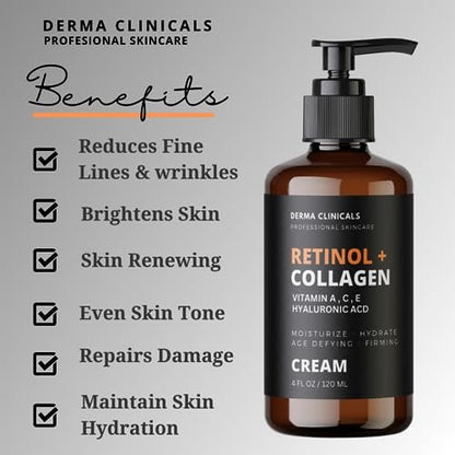 Retinol + Collagen Anti-Aging Face Cream with Hyaluronic Acid, Vitamin C - Day and Night Moisturizer for Wrinkles and Firming - 4 oz Avelisse