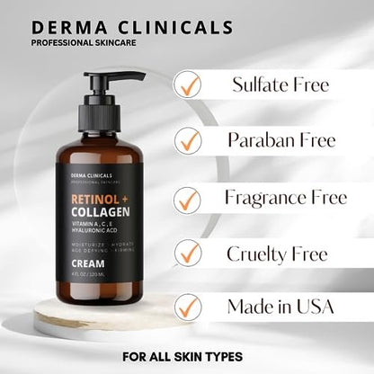 Retinol + Collagen Anti-Aging Face Cream with Hyaluronic Acid, Vitamin C - Day and Night Moisturizer for Wrinkles and Firming - 4 oz Avelisse