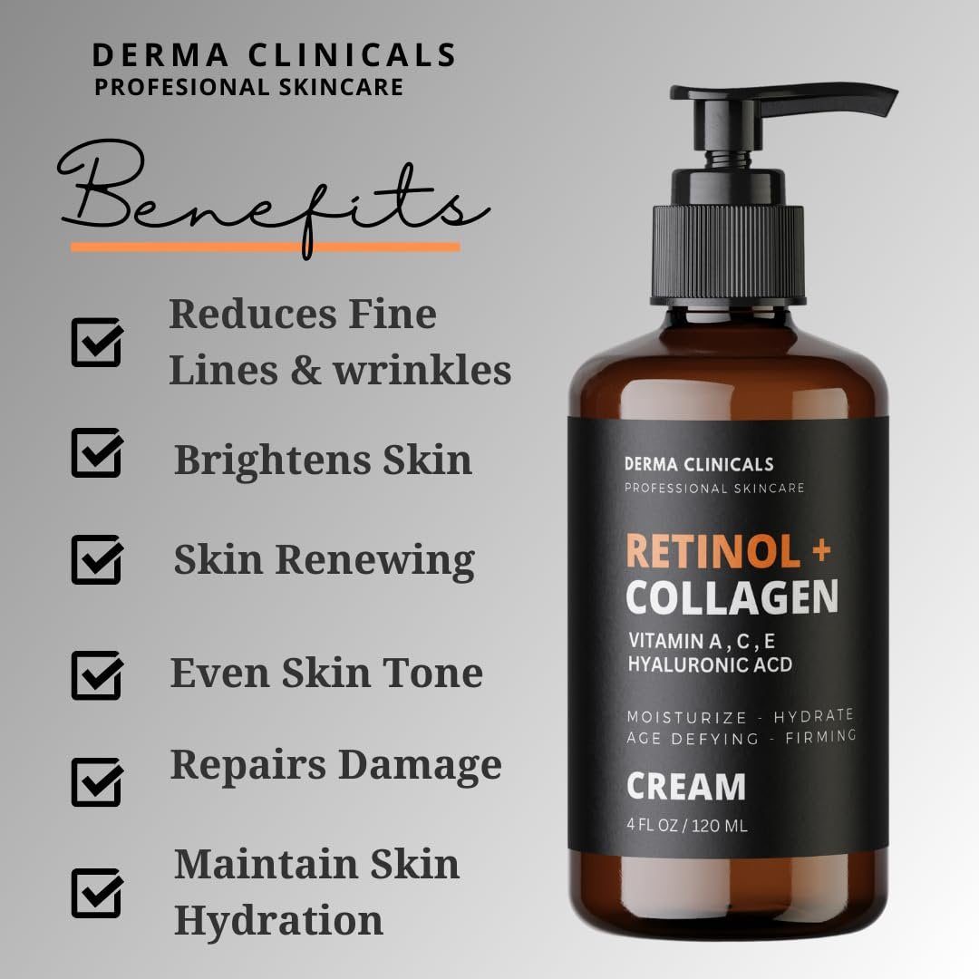Retinol + Collagen Anti-Aging Face Cream with Hyaluronic Acid, Vitamin C - Day and Night Moisturizer for Wrinkles and Firming - 4 oz Avelisse