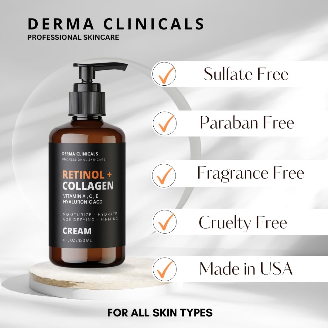 Retinol + Collagen Anti-Aging Face Cream with Hyaluronic Acid, Vitamin C - Day and Night Moisturizer for Wrinkles and Firming - 4 oz Avelisse