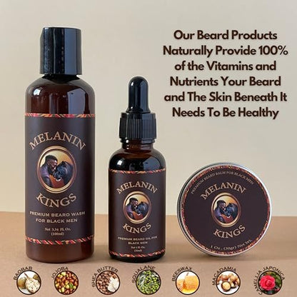 Melanin Kings Beard Grooming Kit for Men - Ancient African Natural Ingredients Beard Wash, Oil, Balm, Brush, Comb, Trimming Scissors Avelisse