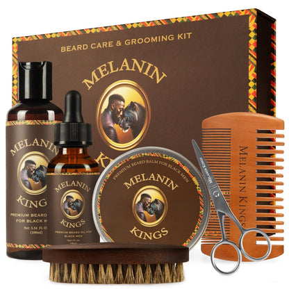 Melanin Kings Beard Grooming Kit for Men - Ancient African Natural Ingredients Beard Wash, Oil, Balm, Brush, Comb, Trimming Scissors Avelisse