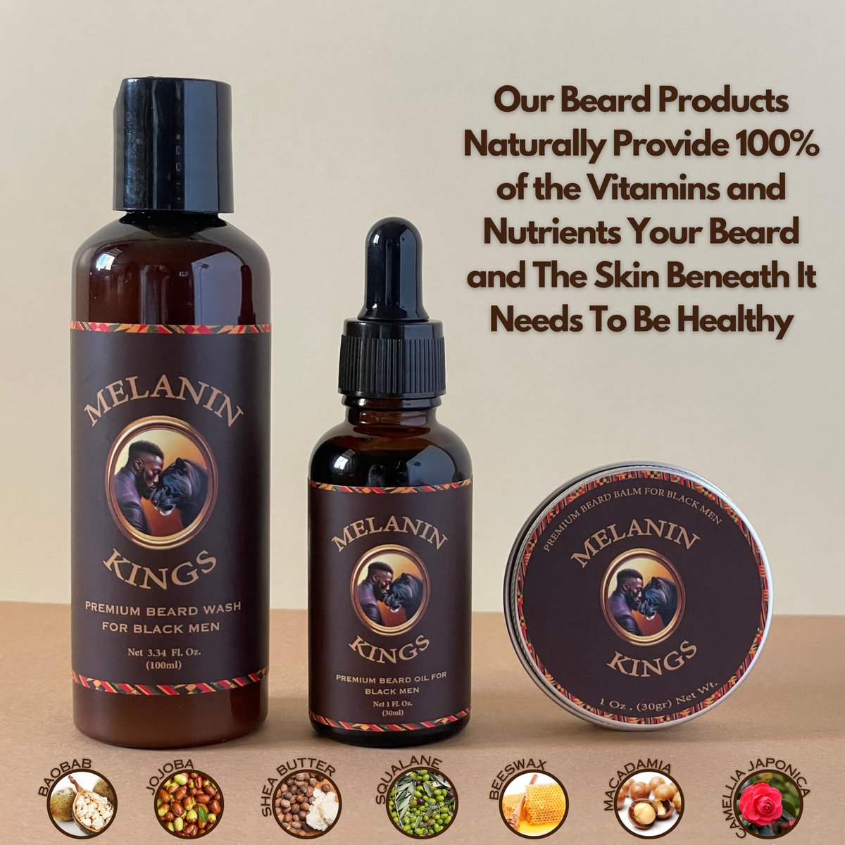 Melanin Kings Beard Grooming Kit for Men - Ancient African Natural Ingredients Beard Wash, Oil, Balm, Brush, Comb, Trimming Scissors Avelisse