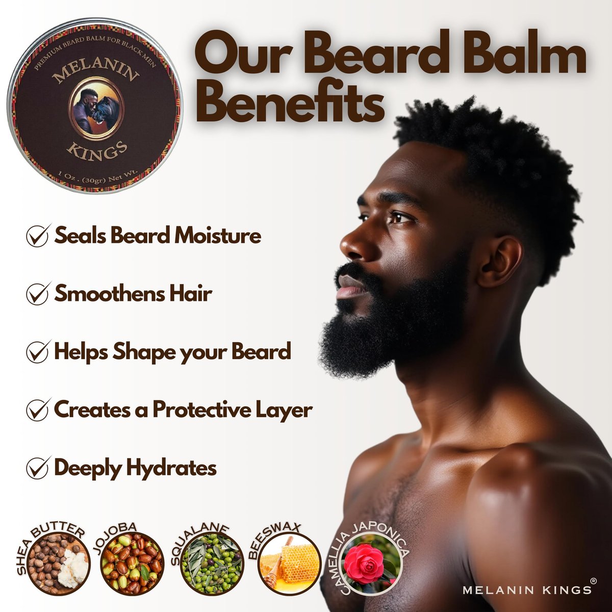 Melanin Kings Beard Grooming Kit for Men - Ancient African Natural Ingredients Beard Wash, Oil, Balm, Brush, Comb, Trimming Scissors Avelisse
