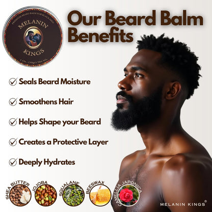 Melanin Kings Beard Grooming Kit for Men - Ancient African Natural Ingredients Beard Wash, Oil, Balm, Brush, Comb, Trimming Scissors Avelisse