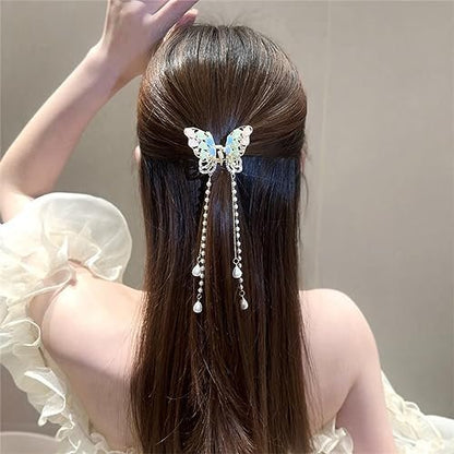3-Piece Butterfly Hair Claw Clip Set - Gold Metal Tassel Hair Clips, Non-Slip Hair Clamps for Women and Girls
