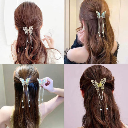 3-Piece Butterfly Hair Claw Clip Set - Gold Metal Tassel Hair Clips, Non-Slip Hair Clamps for Women and Girls