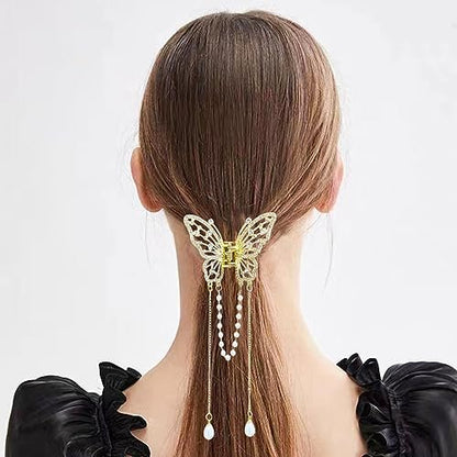 3-Piece Butterfly Hair Claw Clip Set - Gold Metal Tassel Hair Clips, Non-Slip Hair Clamps for Women and Girls