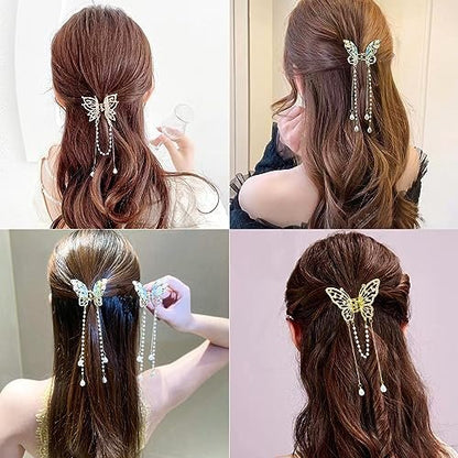 3-Piece Butterfly Hair Claw Clip Set - Gold Metal Tassel Hair Clips, Non-Slip Hair Clamps for Women and Girls