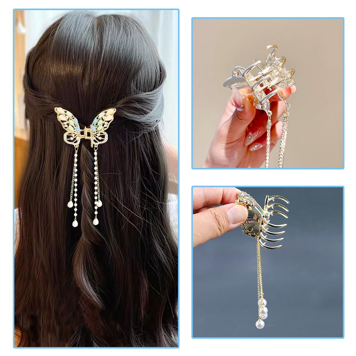 3-Piece Butterfly Hair Claw Clip Set - Gold Metal Tassel Hair Clips, Non-Slip Hair Clamps for Women and Girls - görsel 5