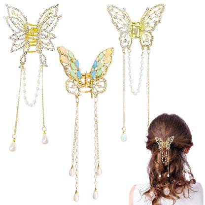 3-Piece Butterfly Hair Claw Clip Set - Gold Metal Tassel Hair Clips, Non-Slip Hair Clamps for Women and Girls