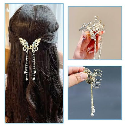 3-Piece Butterfly Hair Claw Clip Set - Gold Metal Tassel Hair Clips, Non-Slip Hair Clamps for Women and Girls