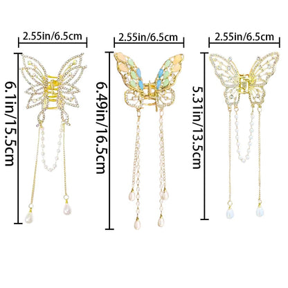 3-Piece Butterfly Hair Claw Clip Set - Gold Metal Tassel Hair Clips, Non-Slip Hair Clamps for Women and Girls