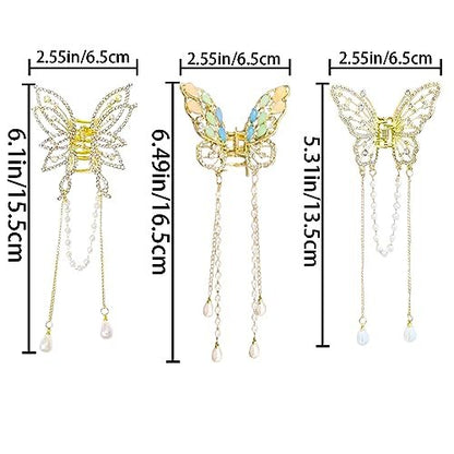 3-Piece Butterfly Hair Claw Clip Set - Gold Metal Tassel Hair Clips, Non-Slip Hair Clamps for Women and Girls