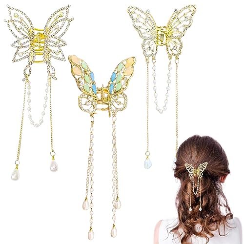 3-Piece Butterfly Hair Claw Clip Set - Gold Metal Tassel Hair Clips, Non-Slip Hair Clamps for Women and Girls - görsel 2