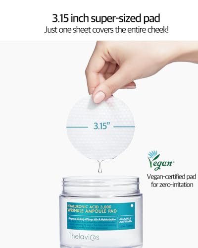 ThelaviCos Hyaluronic Acid 3,000 Wrinkle Ampoule Pad – Deep Forehead, Smile Line & Neck Instant Wrinkle Toner Pad Mask, Anti-Aging Skin Firming Repair Treatment, Korean Skincare for Sensitive Skin (60 Pads)