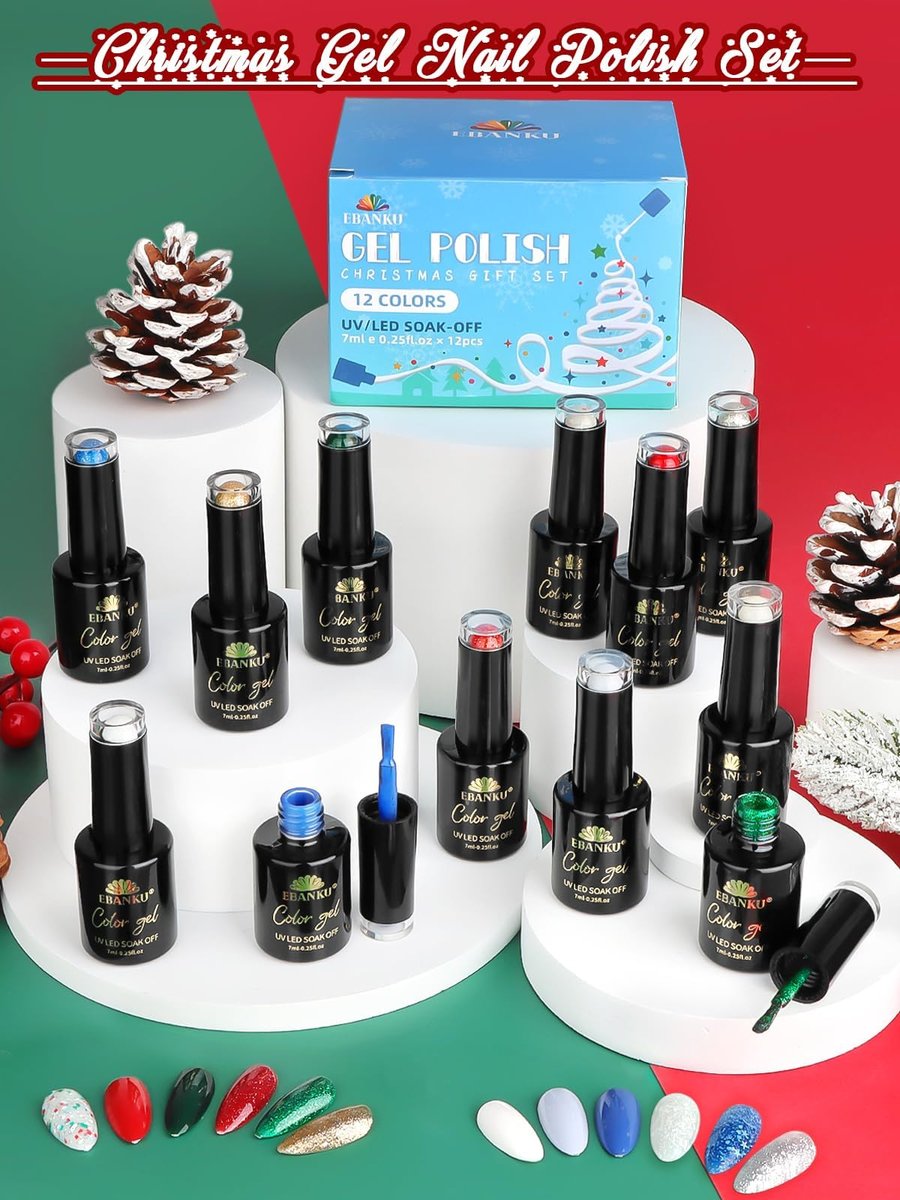 EBANKU 12-Color Gel Nail Polish Kit - Red, Green, Glitter, Blue, Silver Gel Polish Set for Christmas & DIY Nail Art Manicure - görsel 11