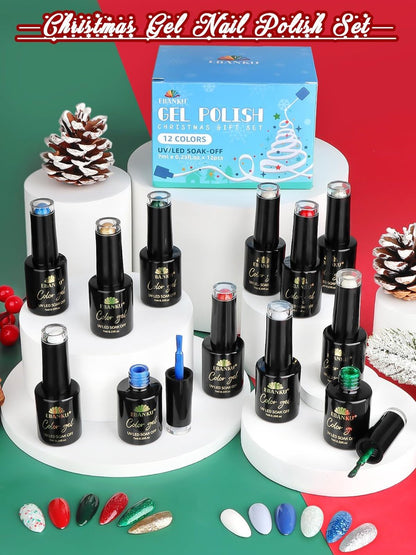 EBANKU 12-Color Gel Nail Polish Kit - Red, Green, Glitter, Blue, Silver Gel Polish Set for Christmas & DIY Nail Art Manicure