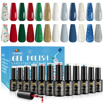 EBANKU 12-Color Gel Nail Polish Kit - Red, Green, Glitter, Blue, Silver Gel Polish Set for Christmas & DIY Nail Art Manicure