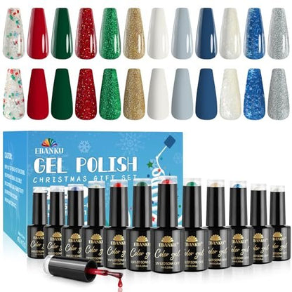 EBANKU 12-Color Gel Nail Polish Kit - Red, Green, Glitter, Blue, Silver Gel Polish Set for Christmas & DIY Nail Art Manicure
