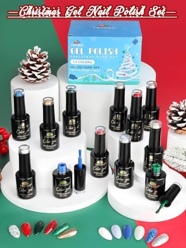 EBANKU 12-Color Gel Nail Polish Kit - Red, Green, Glitter, Blue, Silver Gel Polish Set for Christmas & DIY Nail Art Manicure