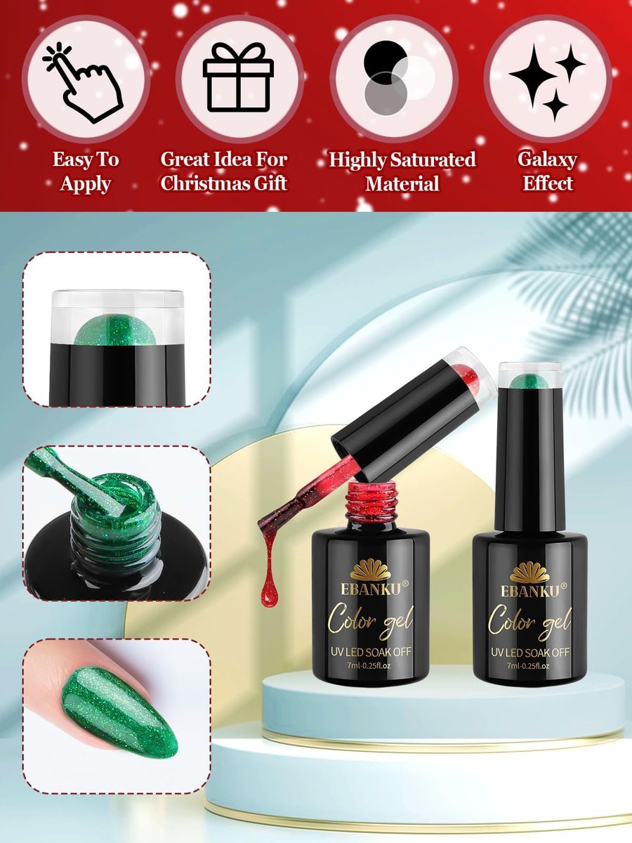 EBANKU 12-Color Gel Nail Polish Kit - Red, Green, Glitter, Blue, Silver Gel Polish Set for Christmas & DIY Nail Art Manicure - görsel 5