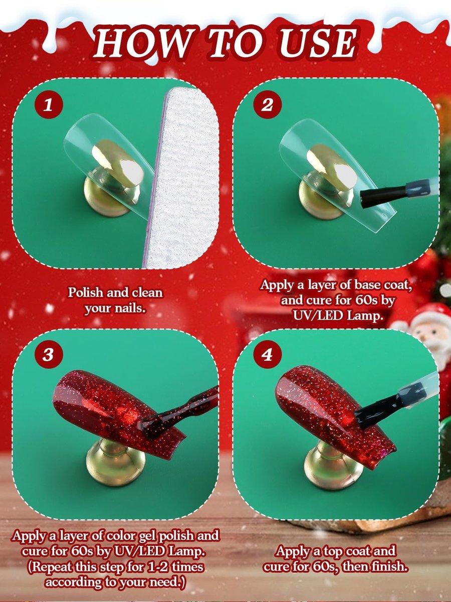 EBANKU 12-Color Gel Nail Polish Kit - Red, Green, Glitter, Blue, Silver Gel Polish Set for Christmas & DIY Nail Art Manicure - görsel 13