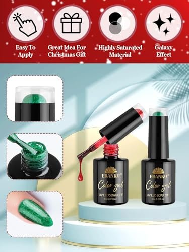 EBANKU 12-Color Gel Nail Polish Kit - Red, Green, Glitter, Blue, Silver Gel Polish Set for Christmas & DIY Nail Art Manicure - görsel 6