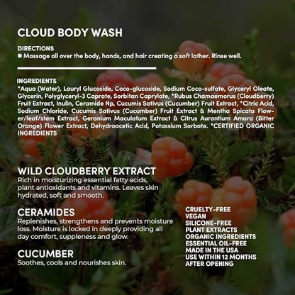 FITGLOW Beauty Cloud Body Wash – Barrier-Protecting Hydrating Gel Cleanser with Ceramides & Cloudberry, Multi-Use for Body, Face & Hair, Gentle & Non-Stripping, 500ml/16oz