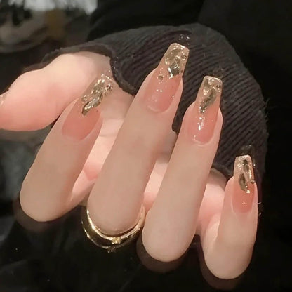 Hkanlre Bling Coffin Press on Nails - Gold Gradient Fake Nails, 24 Pcs Medium Full Cover