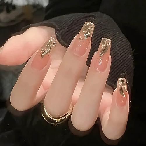 Hkanlre Bling Coffin Press on Nails - Gold Gradient Fake Nails, 24 Pcs Medium Full Cover - görsel 2